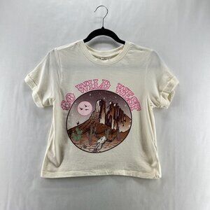 Darling Blue Cropped Shirt Womens XS Crew Neck Cuffed Go Wild West Graphic Cream